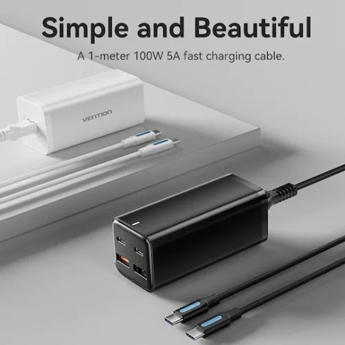 Vention Φορτιστής GaN με 2 Θύρες USB-A και 2 Θύρες USB-C και Καλώδιο USB-C - USB-C 100W Power Delivery / Quick Charge 3.0 Μαύρος (FBSBG-EU)
