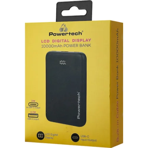 Powertech PT-1502 Power Bank 10000mAh 22.5W με Θύρα USB-A και 2 Θύρες USB-C Power Delivery / Quick Charge 4.0 Μαύρο
