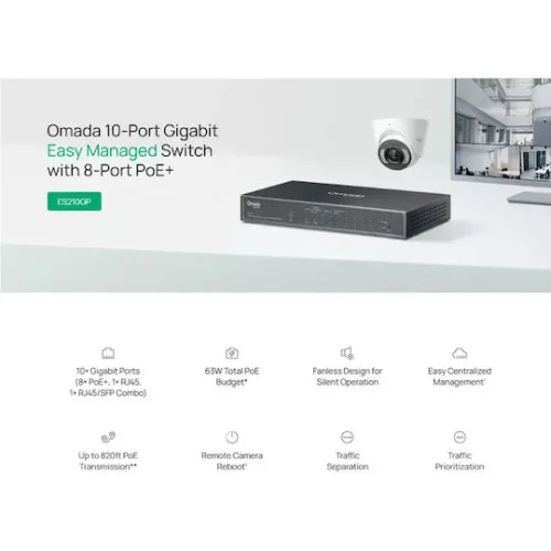 TP-LINK Omada ES210GP Combo v1 Managed L2 PoE+ Switch με 9 Θύρες Gigabit (1Gbps) Ethernet και 1 SFP Θύρα
