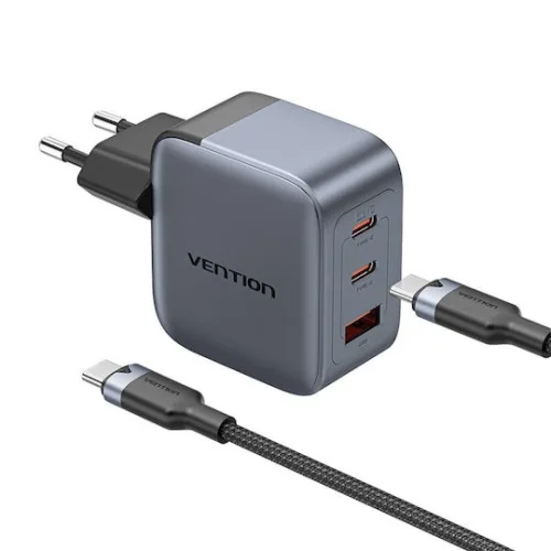Vention Φορτιστής Χωρίς Καλώδιο GaN με Θύρα USB-A και 2 Θύρες USB-C 70W Power Delivery / Quick Charge 3.0 Γκρι