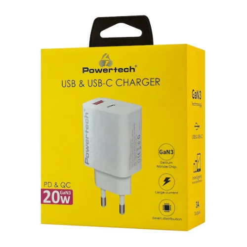 Powertech Φορτιστής Χωρίς Καλώδιο GaN με Θύρα USB-A και Θύρα USB-C 20W Power Delivery / Quick Charge 3.0 Λευκός (PT-1437)