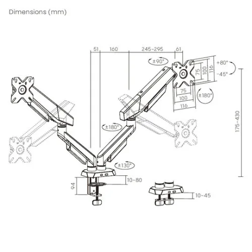 Brateck Βάση Γραφείου για 2 Οθόνες έως 35" με Βραχίονα (LDT114-C024)