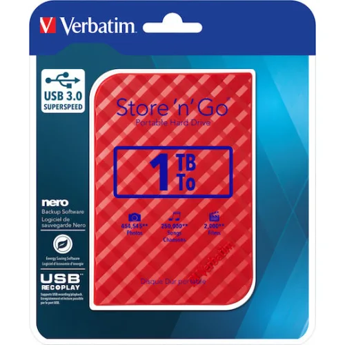 Verbatim Store 'n' Go Gen 2 USB 3.0 Εξωτερικός HDD 1TB 2.5" Κόκκινο