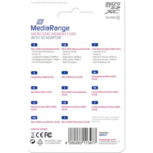 MediaRange microSDXC 64GB Class 10 A1 High Speed 60MB/s με αντάπτορα