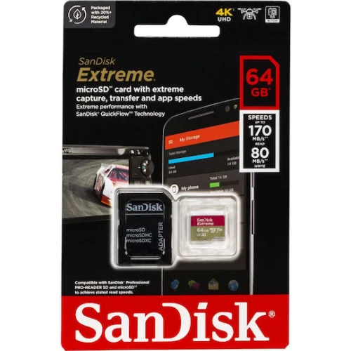 Sandisk Extreme microSDXC 64GB U3 V30 A2 UHS-I 170MB/s με αντάπτορα