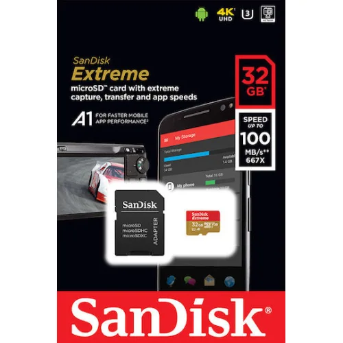 Sandisk Extreme microSDHC 32GB U3 V30 A1 UHS-I 100MB/s με αντάπτορα