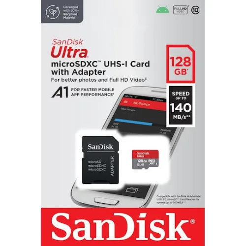 Sandisk Ultra microSDXC 128GB U1 A1 UHS-I 140MB/s με αντάπτορα