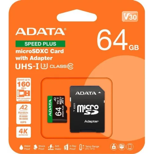 Adata microSDXC 64GB U3 V30 A2 UHS-I 100MB/s με αντάπτορα