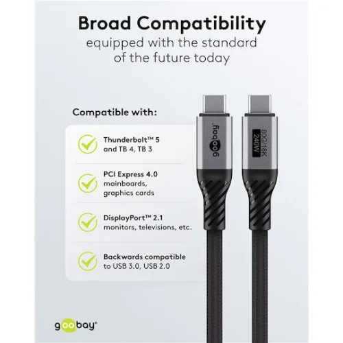 Goobay Braided USB 3.0 Cable USB-C male - USB-C 240W PD Μαύρο 1.5m 74776 Bulk
