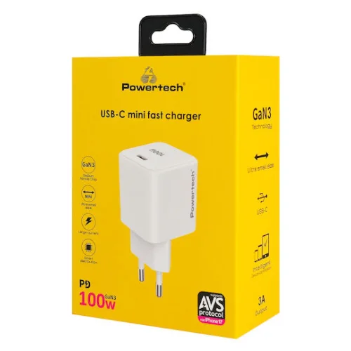 Powertech Φορτιστής Χωρίς Καλώδιο GaN με Θύρα USB-C 100W Power Delivery Λευκός (PT-1612)