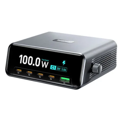 Powertech Βάση Φόρτισης GaN με Θύρα USB-A και 4 Θύρες USB-C 100W Power Delivery / Quick Charge 4.0 σε Γκρι χρώμα (PT-1622)