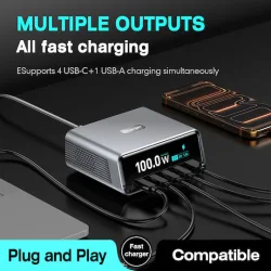 POWERTECH σταθμός φόρτισης PT-1622, USB & 4x USB-C, GaN, 100W, ασημί