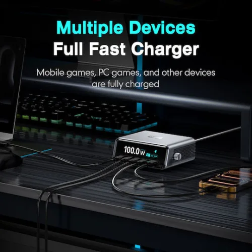 Powertech Βάση Φόρτισης GaN με Θύρα USB-A και 4 Θύρες USB-C 100W Power Delivery / Quick Charge 4.0 σε Γκρι χρώμα (PT-1622)