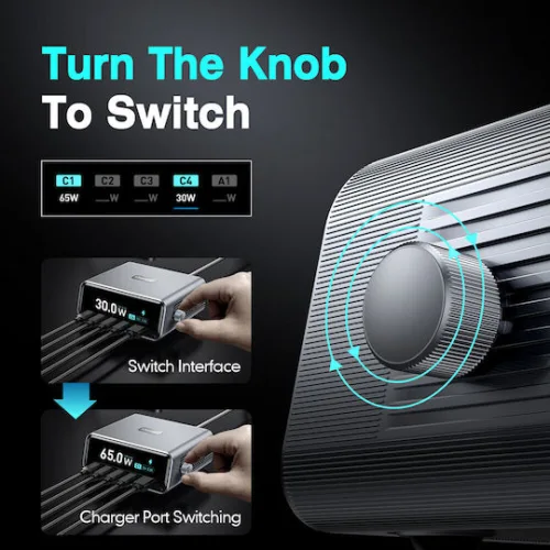 Powertech Βάση Φόρτισης GaN με Θύρα USB-A και 4 Θύρες USB-C 100W Power Delivery / Quick Charge 4.0 σε Γκρι χρώμα (PT-1622)