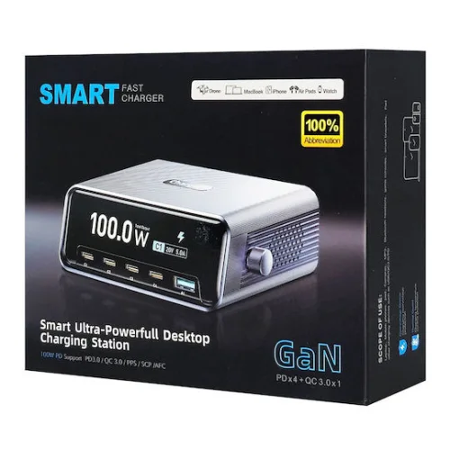 Powertech Βάση Φόρτισης GaN με Θύρα USB-A και 4 Θύρες USB-C 100W Power Delivery / Quick Charge 4.0 σε Γκρι χρώμα (PT-1622)