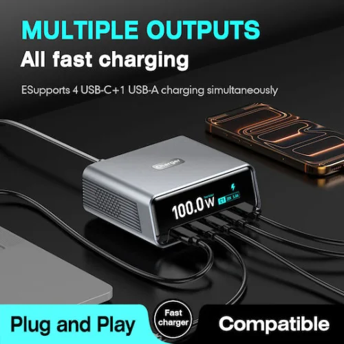 Powertech Βάση Φόρτισης GaN με Θύρα USB-A και 4 Θύρες USB-C 100W Power Delivery / Quick Charge 4.0 σε Γκρι χρώμα (PT-1622)