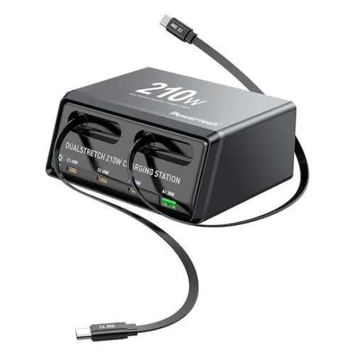 Powertech Βάση Φόρτισης GaN με Θύρα USB-A και 3 Θύρες USB-C και Καλώδιο USB-C 210W Power Delivery / Quick Charge 4+ σε Μαύρο χρώμα (PT-1623)
