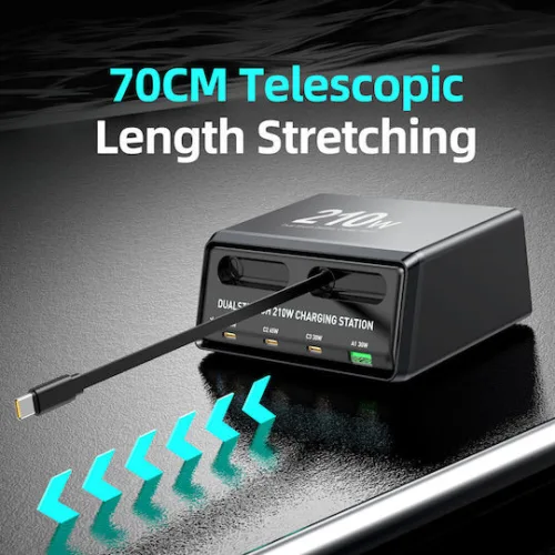 Powertech Βάση Φόρτισης GaN με Θύρα USB-A και 3 Θύρες USB-C και Καλώδιο USB-C 210W Power Delivery / Quick Charge 4+ σε Μαύρο χρώμα (PT-1623)