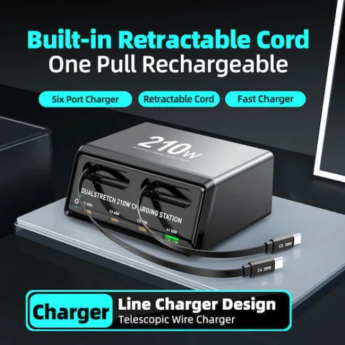 Powertech Βάση Φόρτισης GaN με Θύρα USB-A και 3 Θύρες USB-C και Καλώδιο USB-C 210W Power Delivery / Quick Charge 4+ σε Μαύρο χρώμα (PT-1623)