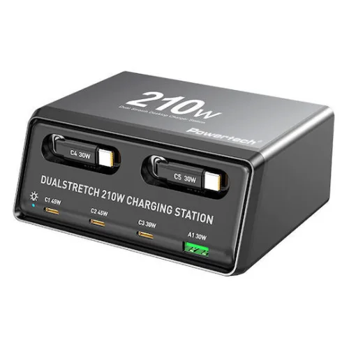 Powertech Βάση Φόρτισης GaN με Θύρα USB-A και 3 Θύρες USB-C και Καλώδιο USB-C 210W Power Delivery / Quick Charge 4+ σε Μαύρο χρώμα (PT-1623)