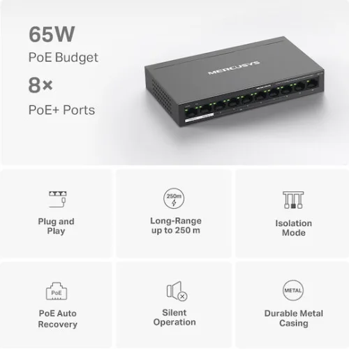 Mercusys MS110P v1 L2 PoE+ Switch με 10 Θύρες Gigabit (1Gbps) Ethernet
