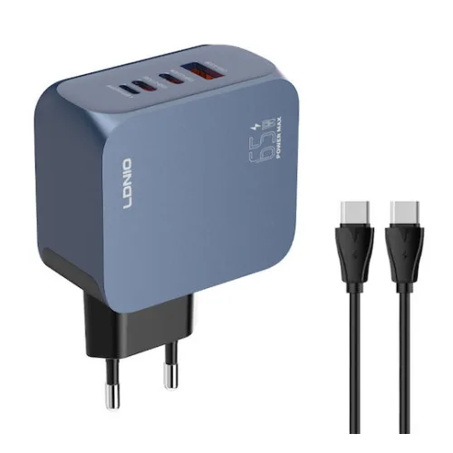Ldnio Φορτιστής GaN με Θύρα USB-A και 2 Θύρες USB-C και Καλώδιο USB-C - USB-C 65W Power Delivery Μπλε (Q7)