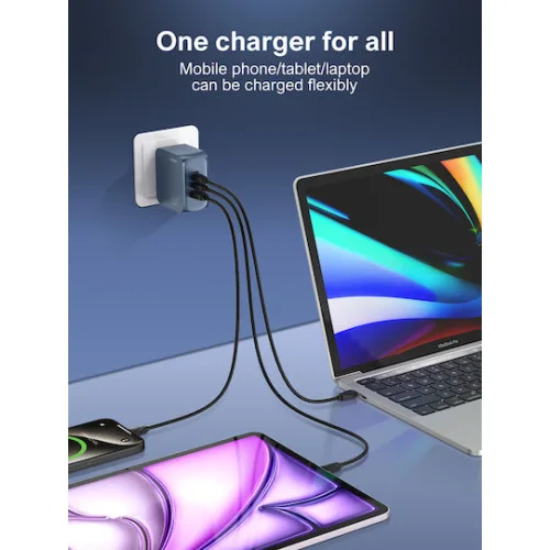 Ldnio Φορτιστής GaN με Θύρα USB-A και 2 Θύρες USB-C και Καλώδιο USB-C - USB-C 65W Power Delivery Μπλε (Q7)