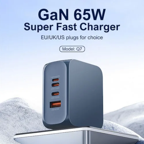 Ldnio Φορτιστής GaN με Θύρα USB-A και 2 Θύρες USB-C και Καλώδιο USB-C - USB-C 65W Power Delivery Μπλε (Q7)