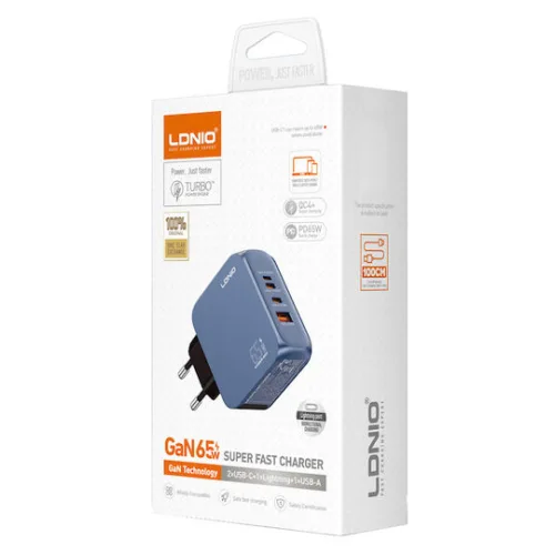 Ldnio Φορτιστής GaN με Θύρα USB-A και 2 Θύρες USB-C και Καλώδιο USB-C - USB-C 65W Power Delivery Μπλε (Q7)