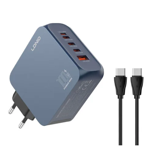 Ldnio Φορτιστής GaN με Θύρα USB-A και 3 Θύρες USB-C και Καλώδιο USB-C 100W Power Delivery / Quick Charge 3.0 Μπλε (Q8)