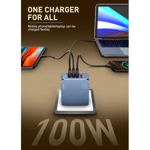 Ldnio Φορτιστής GaN με Θύρα USB-A και 3 Θύρες USB-C και Καλώδιο USB-C 100W Power Delivery / Quick Charge 3.0 Μπλε (Q8)
