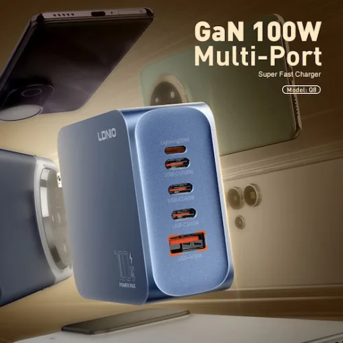 Ldnio Φορτιστής GaN με Θύρα USB-A και 3 Θύρες USB-C και Καλώδιο USB-C 100W Power Delivery / Quick Charge 3.0 Μπλε (Q8)