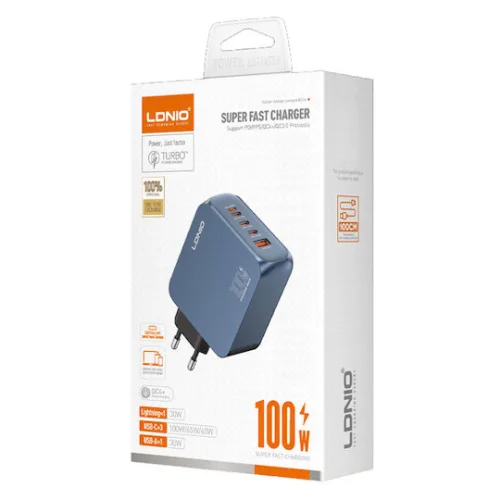 Ldnio Φορτιστής GaN με Θύρα USB-A και 3 Θύρες USB-C και Καλώδιο USB-C 100W Power Delivery / Quick Charge 3.0 Μπλε (Q8)