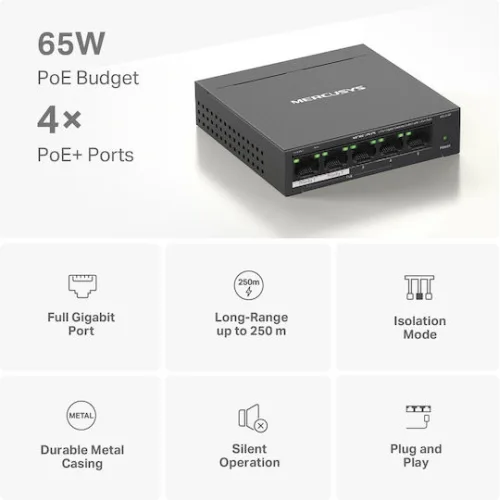 Mercusys MS105GP v1 Unmanaged L2 PoE+ Switch με 5 Θύρες Gigabit (1Gbps) Ethernet