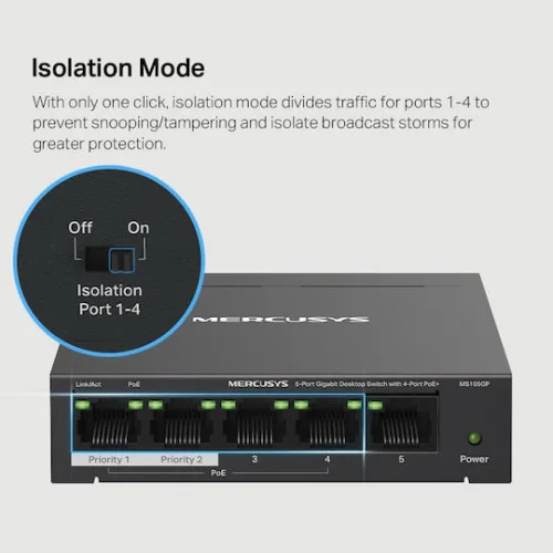 Mercusys MS105GP v1 Unmanaged L2 PoE+ Switch με 5 Θύρες Gigabit (1Gbps) Ethernet