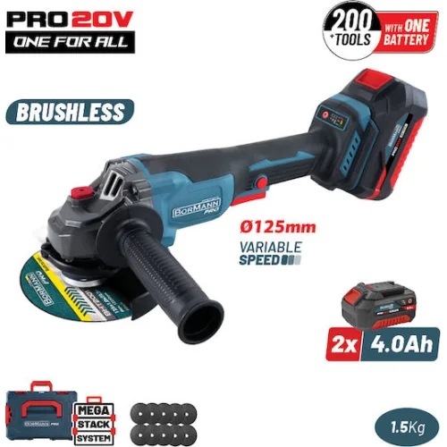 Bormann Pro BBP3651X44CA Τροχός 125mm Μπαταρίας Brushless με Ρύθμιση Στροφών 2x4Ah