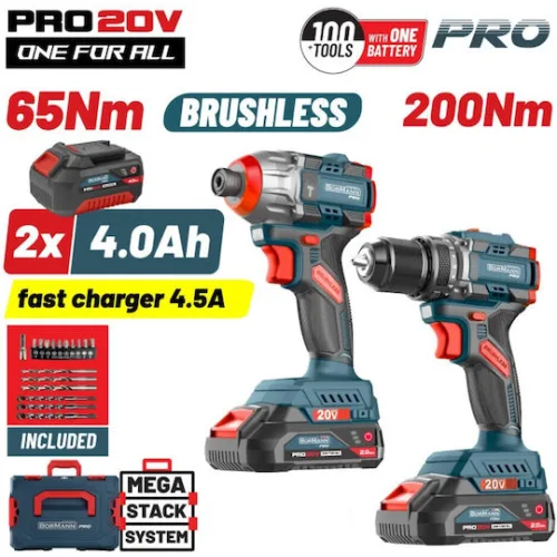 Bormann BBP5431X44T2CA Σετ Κρουστικό Δραπανοκατσάβιδο & Παλμικό Κατσαβίδι Brushless με 2 Μπαταρίες 4Ah και Θήκη