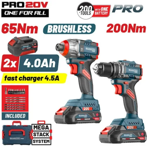 Bormann BBP5431X44T2CA Σετ Κρουστικό Δραπανοκατσάβιδο & Παλμικό Κατσαβίδι Brushless με 2 Μπαταρίες 4Ah και Θήκη