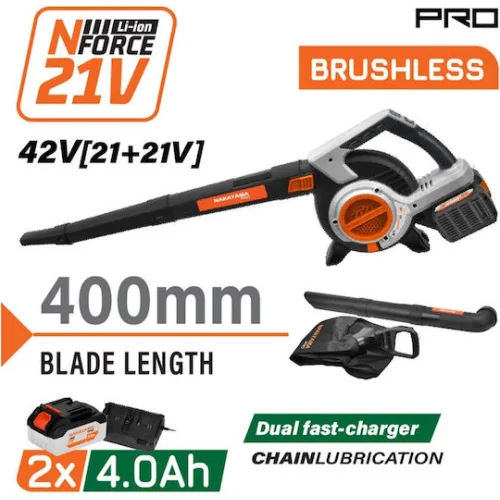 Nakayama EC1715X44 Φυσητήρας / Απορροφητήρας Χειρός 42V με 2 Μπαταρίες 4Ah & Ρύθμιση Έντασης με Μέγιστη Ταχύτητα Αέρα 288km/hΚωδικός: 085317