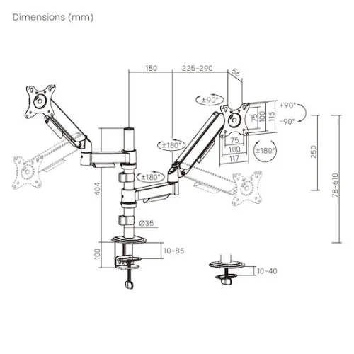 Powertech Βάση Γραφείου για 2 Οθόνες έως 32" με Βραχίονα (PT-1628)