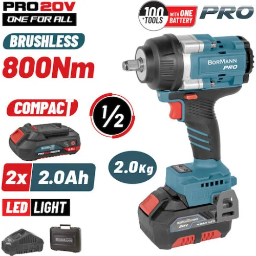 BORMANN Pro BBP5386X22C Μπουλονόκλειδο Brushless Mπαταρίας 20V, Li-Ion, 2x2Ah, 800Nm & Βαλίτσα