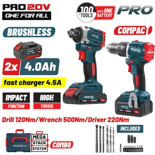 BORMANN Pro BBP5465X44T2CA Σετ Compact Brushless Κρουστικό Δραπανοκατσάβιδο & Μπουλονόκλειδο 2σε1