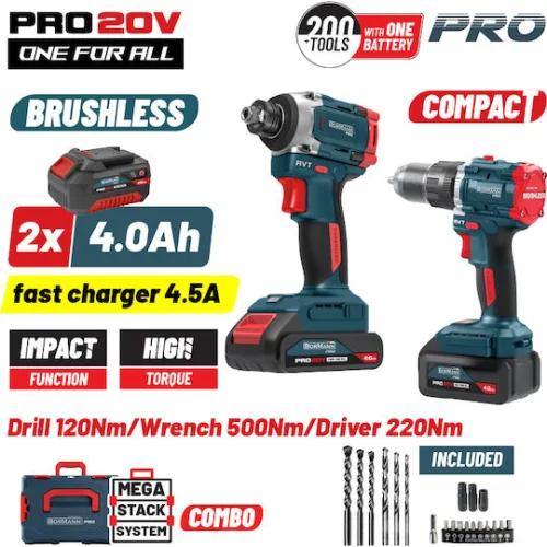 BORMANN Pro BBP5465X44T2CA Σετ Compact Brushless Κρουστικό Δραπανοκατσάβιδο & Μπουλονόκλειδο 2σε1