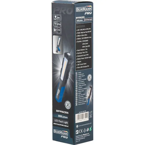 Bormann Pro Φακός Συνεργείου Επαναφορτιζόμενος LED IPX4 Διπλής Λειτουργίας με Φωτεινότητα έως 800lm BPR6055Κωδικός: 035190