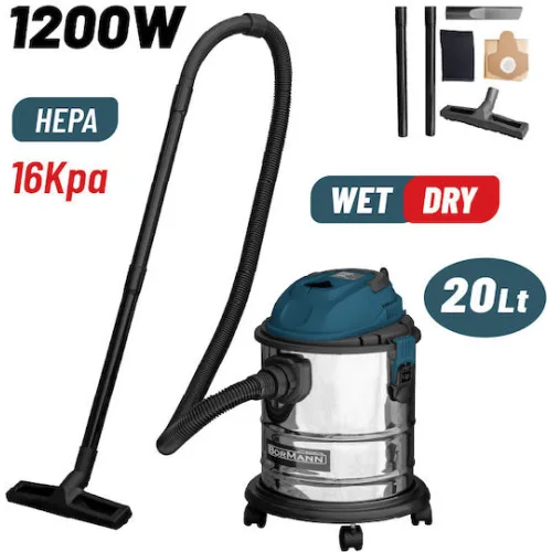 BORMANN BVC2610 Σκούπα Υγρών-Στερεών 1200W,Ανοξείδωτο Κάδο 20Lt