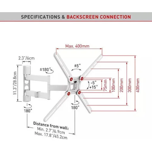 Barkan 3400W Βάση Τηλεόρασης Τοίχου με Βραχίονα έως 65" και 40kg Λευκό
