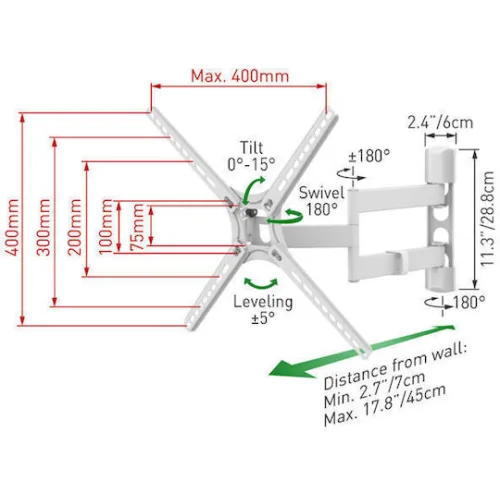 Barkan 3400W Βάση Τηλεόρασης Τοίχου με Βραχίονα έως 65" και 40kg Λευκό