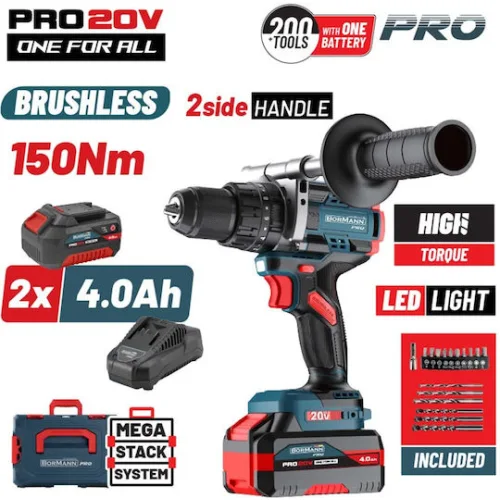 ΒΟRMANN Pro BBP5406X44CA Δραπανοκατσάβιδο Κρουστικό,Compact,Brushless Μπαταρίας 20V,Li-Ion,2x4Ah