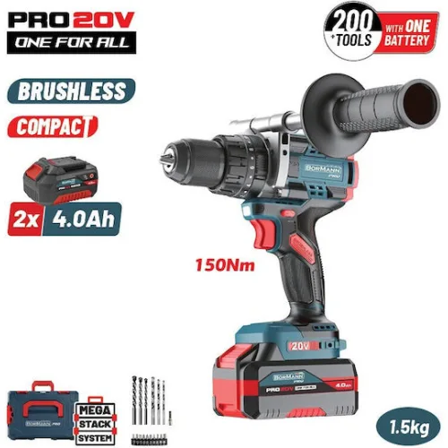 ΒΟRMANN Pro BBP5406X44CA Δραπανοκατσάβιδο Κρουστικό,Compact,Brushless Μπαταρίας 20V,Li-Ion,2x4Ah