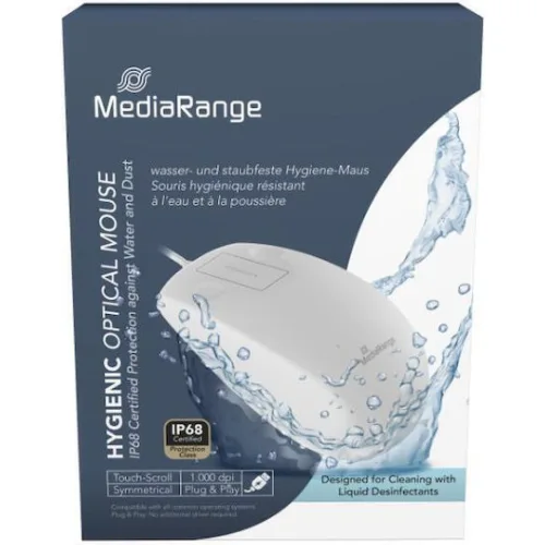 MediaRange Wired Optical 2-Button Hygienic Mouse with Touch-Scroll, 1.000 dpi, IP68, White (MROS265)